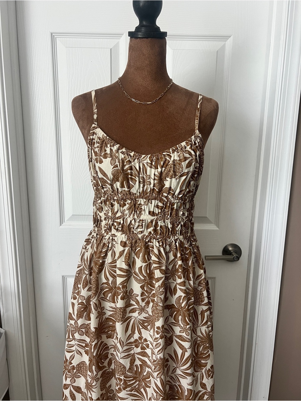 a.n.a Cream and Brown Floral Smocked Midi Dress